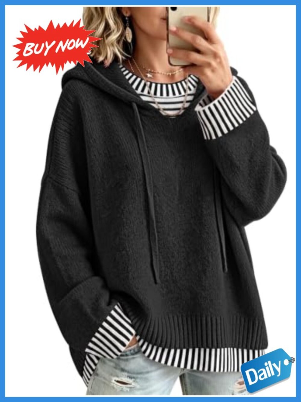 Womens Oversized Chunky Knit Hooded Pullover Sweater Wool Blend